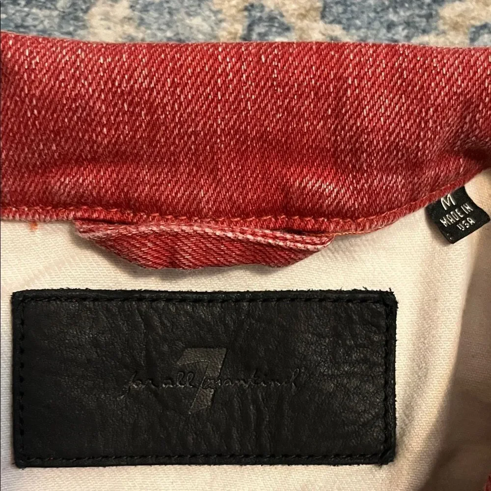 7 For All Mankind Red Distressed Denim Button Zip Closure Pockets Jacket Modern
